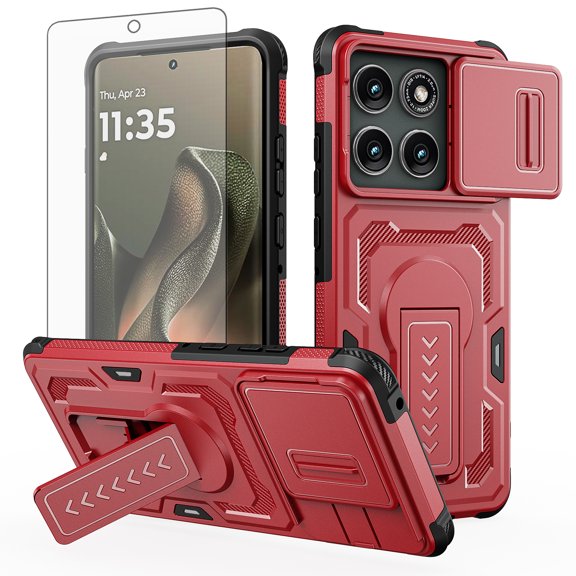 Asuwish Phone Case Compatible with Motorola Moto Edge 5G 2025 Slide Camera Cover Tempered Glass Screen Protector Invisible bracket Rugged Anti-fall Cover for Moto Edge2025 Women Men Red