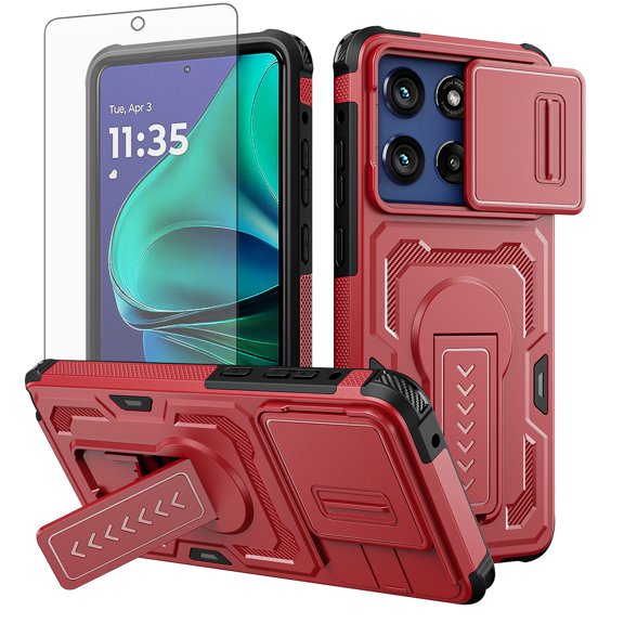 Asuwish Phone Case Compatible with Motorola Moto G Stylus 5G 2025 Slide Camera Cover Tempered Glass Screen Protector Invisible bracket Rugged Anti-fall Cover for GStylus G5 Women Men Red
