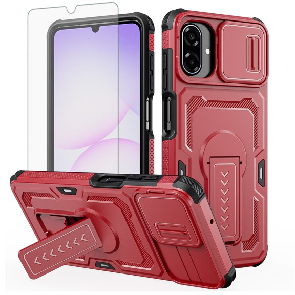 Asuwish Phone Case Compatible with Samsung Galaxy A07 4G/5G Slide Camera Cover Tempered Glass Screen Protector Invisible bracket Rugged Anti-fall Cover for Ao7 A 07 4G 5G LTE Women Men Red