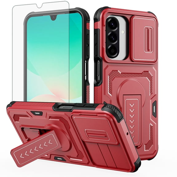 Asuwish Phone Case Compatible with Samsung Galaxy A26 5G Slide Camera Cover Tempered Glass Screen Protector Invisible bracket Rugged Anti-fall Cover for A 26 26A LTE Women Men Red