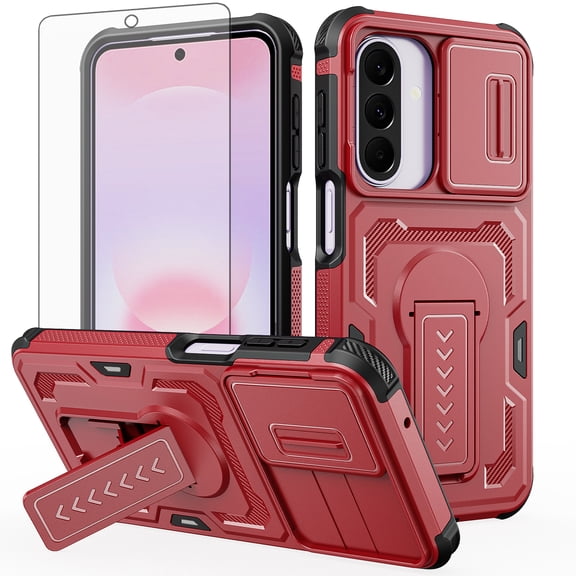 Asuwish Phone Case Compatible with Samsung Galaxy A27 5G Slide Camera Cover Tempered Glass Screen Protector Invisible bracket Rugged Anti-fall Cover for A 27 27A LTE Women Men Red