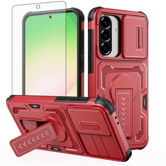 Asuwish Phone Case Compatible with Samsung Galaxy A36/A56 5G Slide Camera Cover Tempered Glass Screen Protector Invisible bracket Rugged Anti-fall Cover for A 36 36A 56 56A LTE Women Men Red
