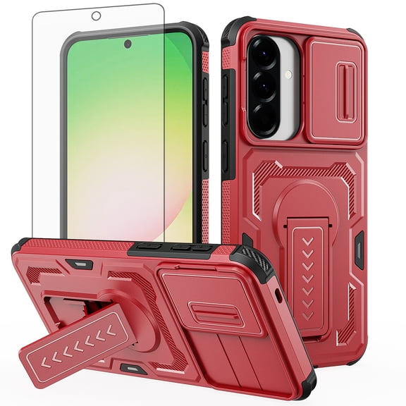 Asuwish Phone Case Compatible with Samsung Galaxy A57 5G Slide Camera Cover Tempered Glass Screen Protector Invisible bracket Rugged Anti-fall Cover for A 57 57A LTE Women Men Red
