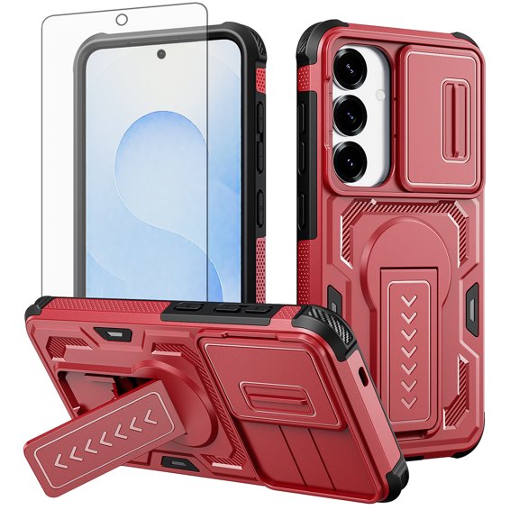 Asuwish Phone Case Compatible with Samsung Galaxy S24/S25 5G Slide Camera Cover Tempered Glass Screen Protector Invisible bracket Rugged Anti-fall Cover for S 24 24S 25 25S SM-S931U Women Men Red