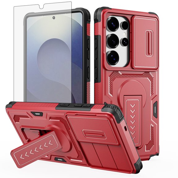 Asuwish Phone Case Compatible with Samsung Galaxy S25 Ultra 5G Slide Camera Cover Tempered Glass Screen Protector Invisible bracket Rugged Anti-fall Cover for S25Ultra 25S S 25 25Ulta Women Men Red