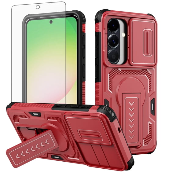 Asuwish Phone Case Compatible with Samsung Galaxy S26 5G Slide Camera Cover Tempered Glass Screen Protector Invisible bracket Rugged Anti-fall Cover for S 26 26S GS26 G5 SM-S942U Women Men Red