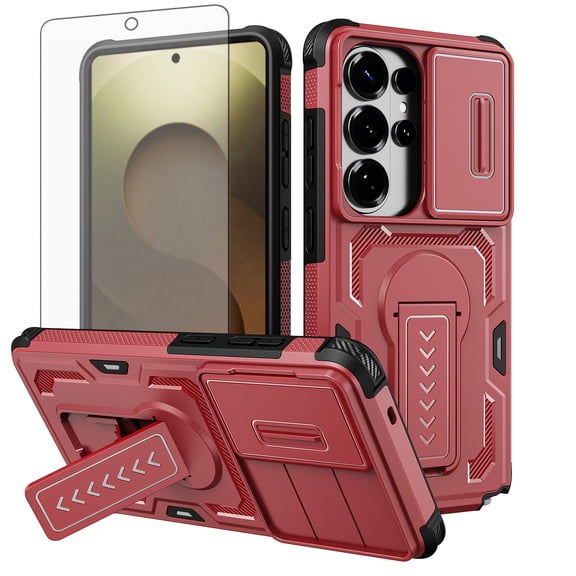 Asuwish Phone Case Compatible with Samsung Galaxy S26 Ultra 5G Slide Camera Cover Tempered Glass Screen Protector Invisible bracket Rugged Anti-fall Cover for S26Ultra 26S S 26 26Ulta Women Men Red