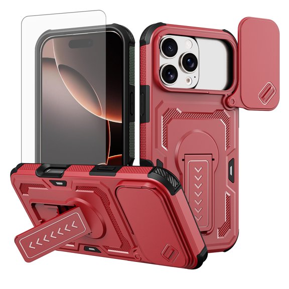 Asuwish Phone Case Compatible with iPhone 17 Pro Max 6.9 inch Slide Camera Cover Tempered Glass Screen Protector Invisible bracket Rugged Anti-fall Cover for i Phone17 17Pro i17ProMax Women Men Red