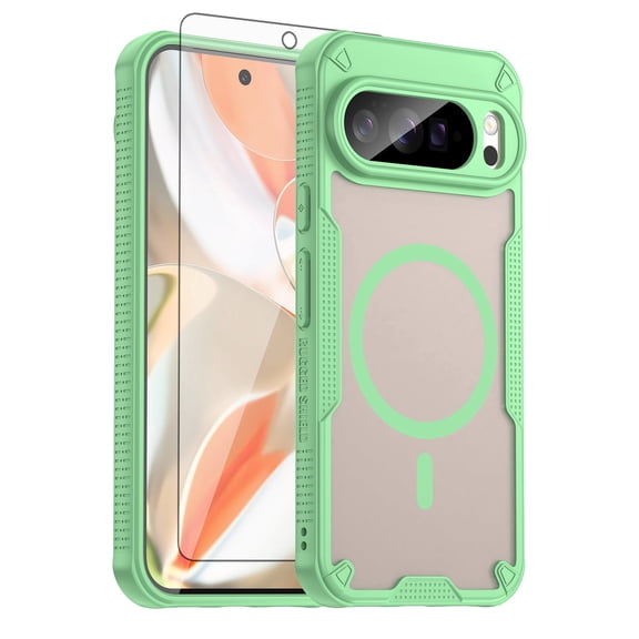 Asuwish Phone Case for Google Pixel 10 Pro XL Compatible with Magnetic Tempered Glass Screen Protector Translucent Matte Back Shockproof Protective Cell Cover Pixel10 10ProXL Women Men Green