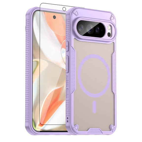 Asuwish Phone Case for Google Pixel 10 Pro XL Compatible with Magnetic Tempered Glass Screen Protector Translucent Matte Back Shockproof Protective Cell Cover Pixel10 10ProXL Women Men Purple