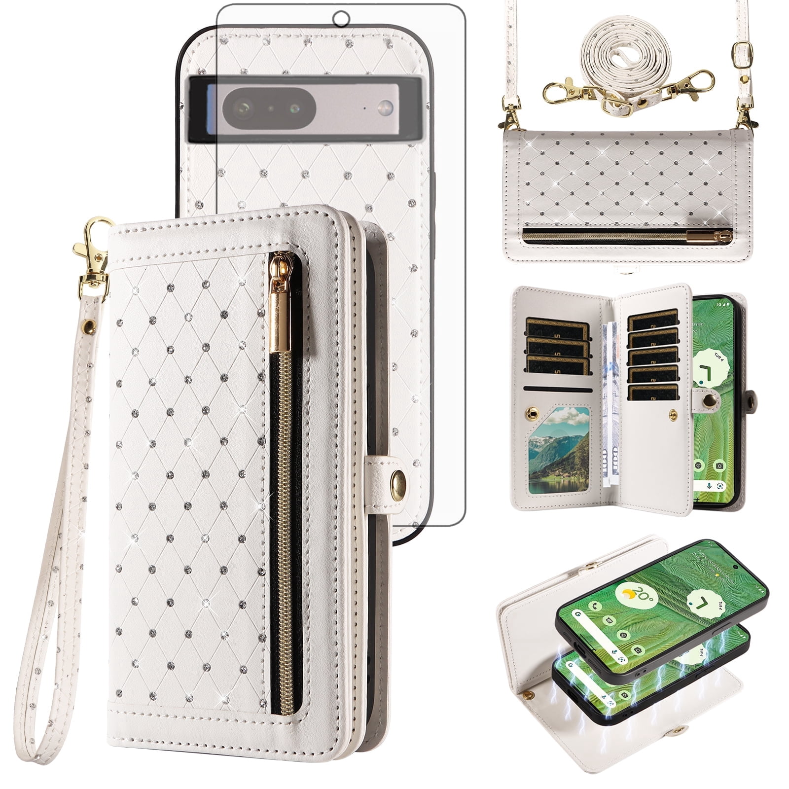 Asuwish Phone Case for Google Pixel 7 5G Zipper Wallet Detachable Cell Cover with Tempered Glass Screen Protector Crossbody Lanyard Strap Bling Glitter Flip Card Holder Slot Pixel7 Pixle Seven White