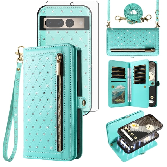 Asuwish Phone Case for Google Pixel 7 Pro 5G Zipper Wallet Detachable Cell Cover with Tempered Glass Screen Protector Crossbody Lanyard Strap Bling Glitter Flip Card Holder Slot Pixel7Pro 7XL Green