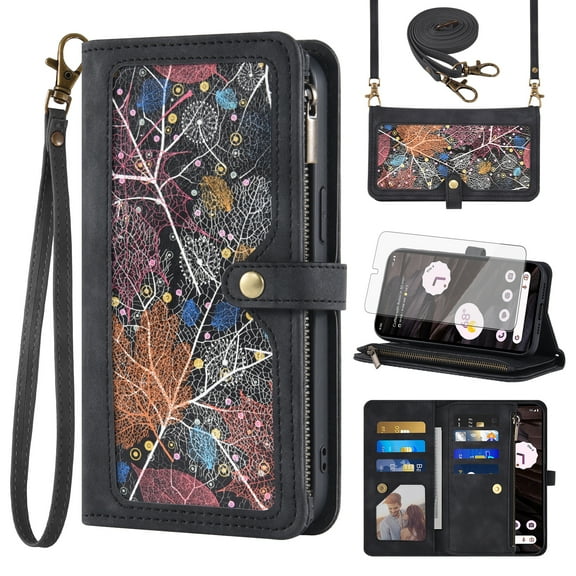 Asuwish Phone Case for Google Pixel 7A 5G 2023 Wallet Cover With Tempered Glass Screen Protector Crossbody Wrist Strap Flip Pattern Zipper Credit Card Holder Stand Cell Pixel7A A7 Women Men Black