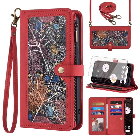Asuwish Phone Case for Google Pixel 7A 5G 2023 Wallet Cover With Tempered Glass Screen Protector Crossbody Wrist Strap Flip Pattern Zipper Credit Card Holder Stand Slot Cell Pixel7A A7 Women Men Red