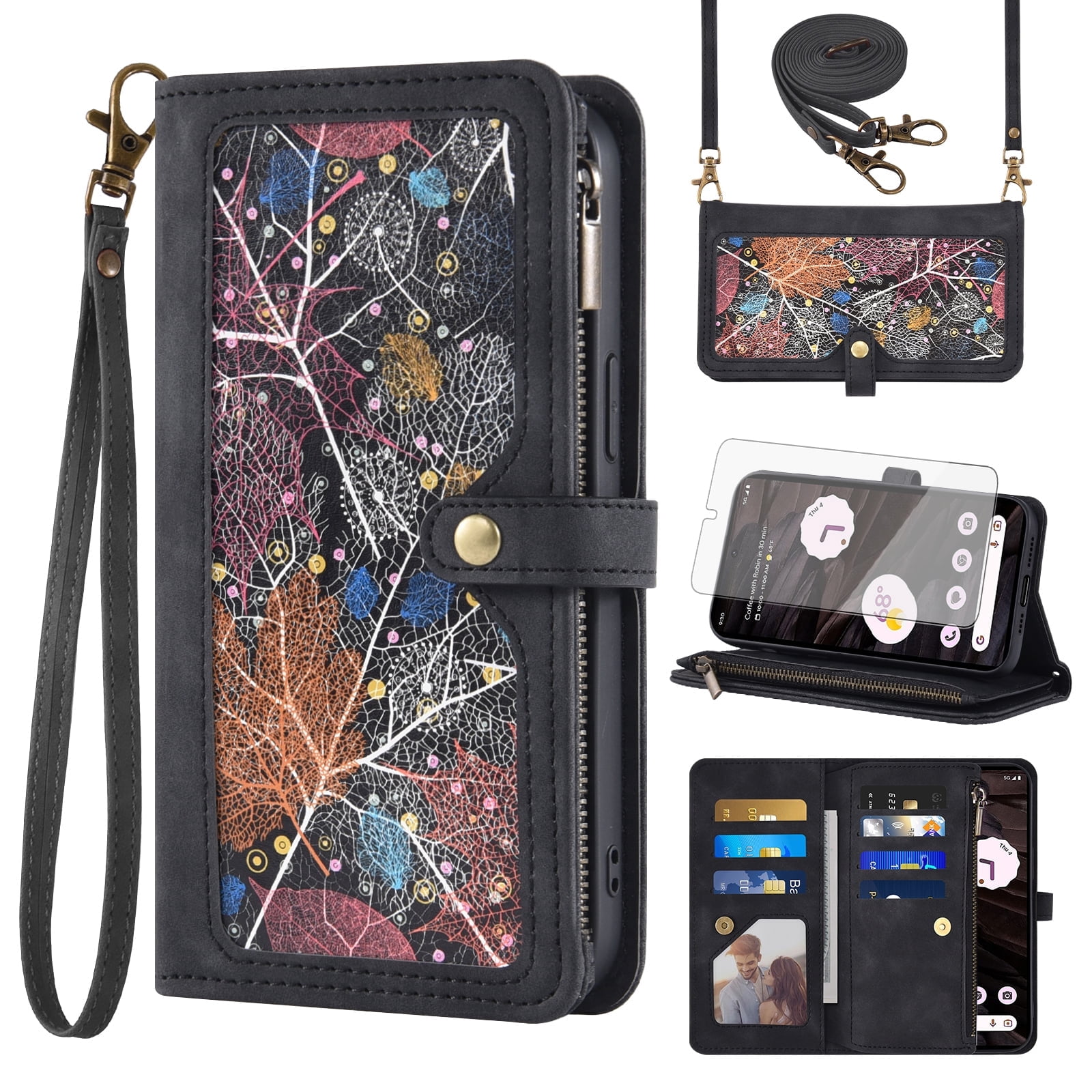 Asuwish Phone Case for Google Pixel 7A 5G 2023 Wallet Cover With Tempered Glass Screen Protector Crossbody Wrist Strap Flip Pattern Zipper Credit Card Holder Stand Cell Pixel7A A7 Women Men Black