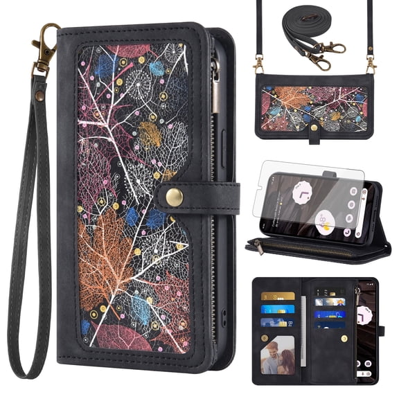 Asuwish Phone Case for Google Pixel 7A 5G 2023 Wallet Cover With Tempered Glass Screen Protector Crossbody Wrist Strap Flip Pattern Zipper Credit Card Holder Stand Cell Pixel7A A7 Women Men Black