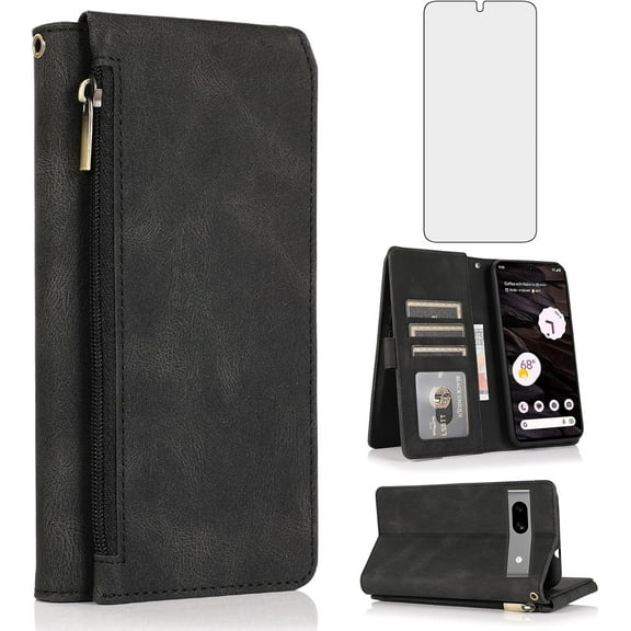 Asuwish Phone Case for Google Pixel 7A 5G 2023 Wallet Mobile Accessories Credit Cash Cell Cover with Tempered Glass Screen Protector Flip Zipper Stand Card Holder Slot Pixel7A A7 Women Men Black