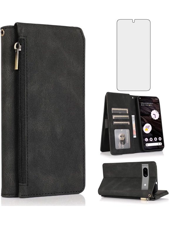 Asuwish Phone Case for Google Pixel 7A 5G 2023 Wallet Mobile Accessories Credit Cash Cell Cover with Tempered Glass Screen Protector Flip Zipper Stand Card Holder Slot Pixel7A A7 Women Men Black