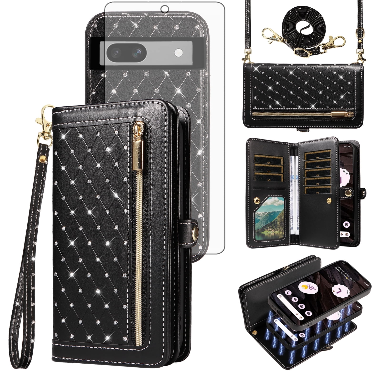 Asuwish Phone Case for Google Pixel 7A 5G 2023 Zipper Wallet Detachable Cell Cover with Tempered Glass Screen Protector Crossbody Lanyard Strap Bling Glitter Flip Card Holder Slot Pixel7A A7 Black