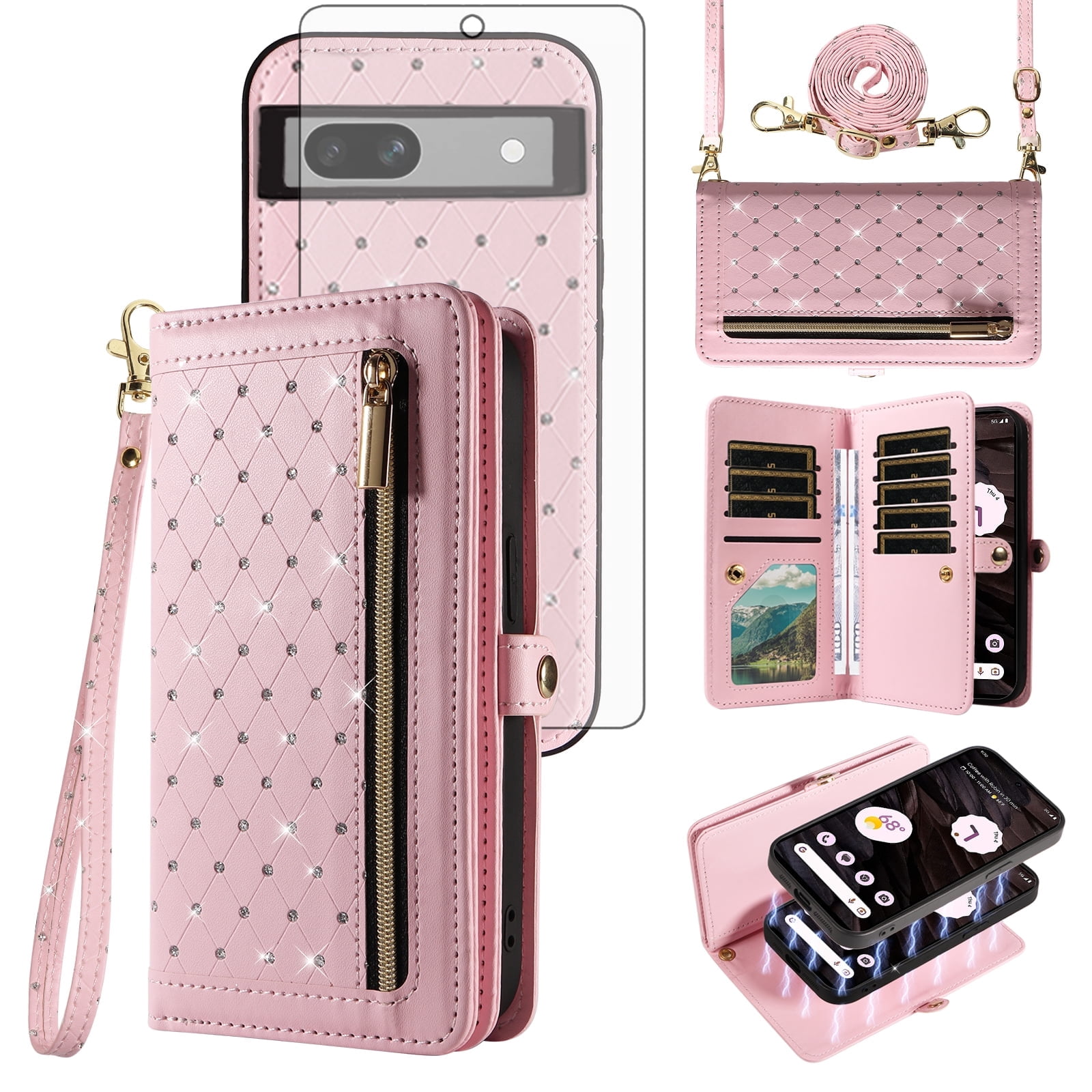 Asuwish Phone Case for Google Pixel 7A 5G 2023 Zipper Wallet Detachable Cell Cover with Tempered Glass Screen Protector Crossbody Lanyard Strap Bling Glitter Flip Card Holder Slot Pixel7A A7 Pink