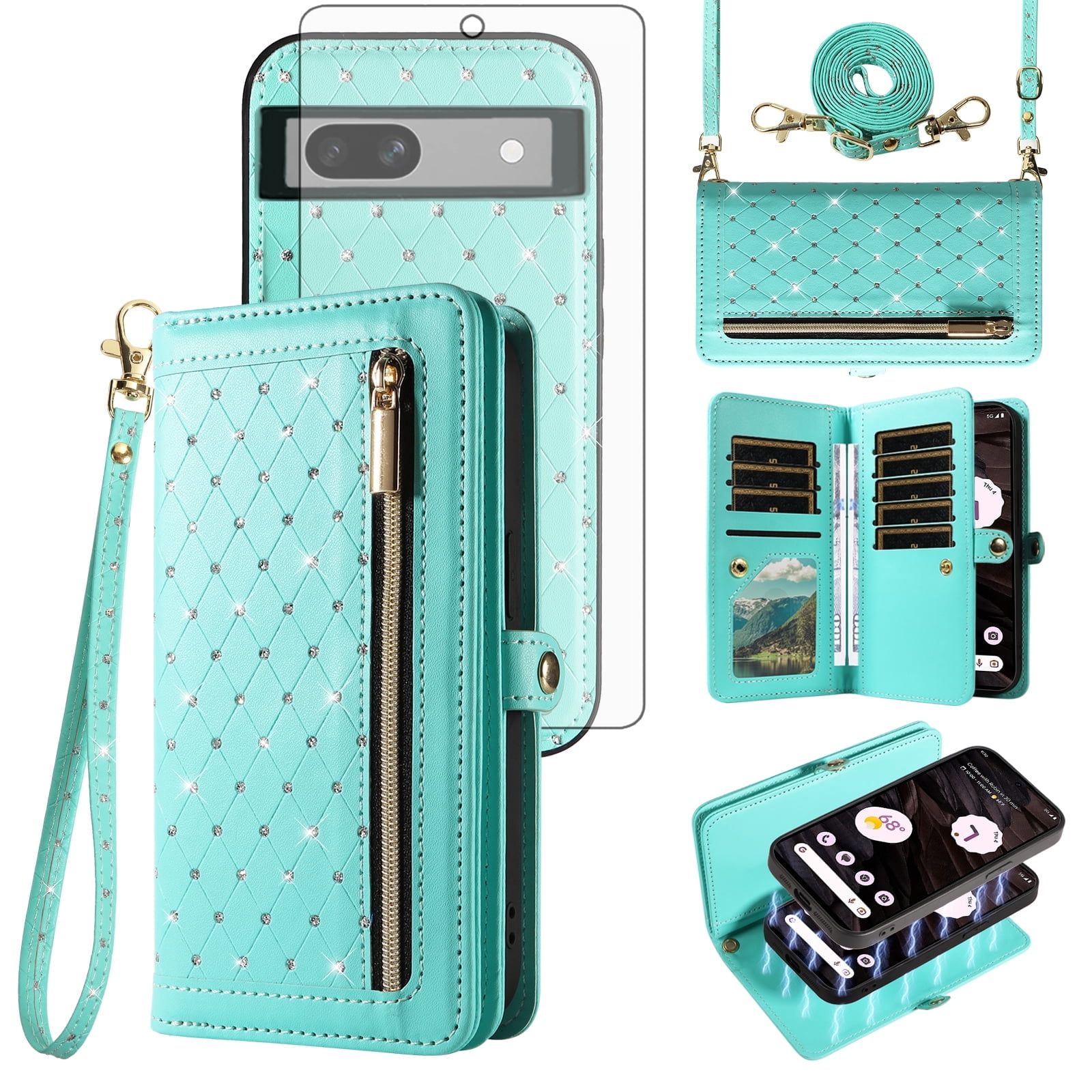Asuwish Phone Case for Google Pixel 7A 5G 2023 Zipper Wallet Detachable Cell Cover with Tempered Glass Screen Protector Crossbody Lanyard Strap Bling Glitter Flip Card Holder Slot Pixel7A A7 Green