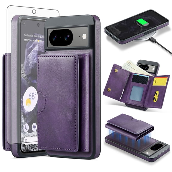 Asuwish Phone Case for Google Pixel 8 5G Wallet Magnetic Detachable Cell Cover with Wireless Charging and RFID Blocking Credit Card Holder Flip Stand Pixel8 Eight Women Men Purple