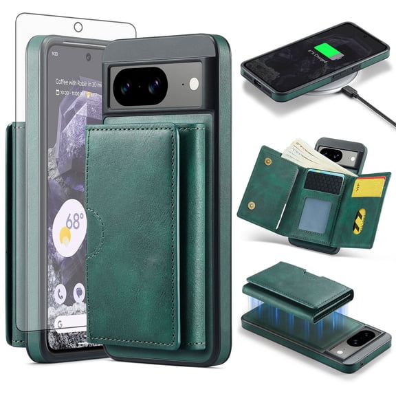 Asuwish Phone Case for Google Pixel 8 5G Wallet Magnetic Detachable Cell Cover with Wireless Charging and RFID Blocking Credit Card Holder Flip Stand Pixel8 Eight Women Men Green