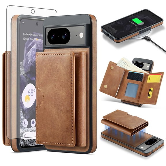 Asuwish Phone Case for Google Pixel 8 5G Wallet Magnetic Detachable Cell Cover with Wireless Charging and RFID Blocking Credit Card Holder Flip Stand Pixel8 Eight Women Men Brown