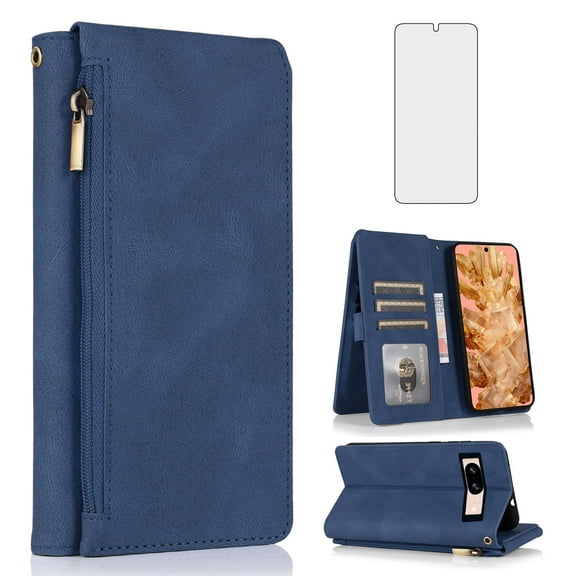 Asuwish Phone Case for Google Pixel 8 5G Wallet Mobile Accessories Credit Cash Purse Cell Cover with Tempered Glass Screen Protector Flip Zipper Stand Card Holder Slot Pixel8 Eight Women Men Blue