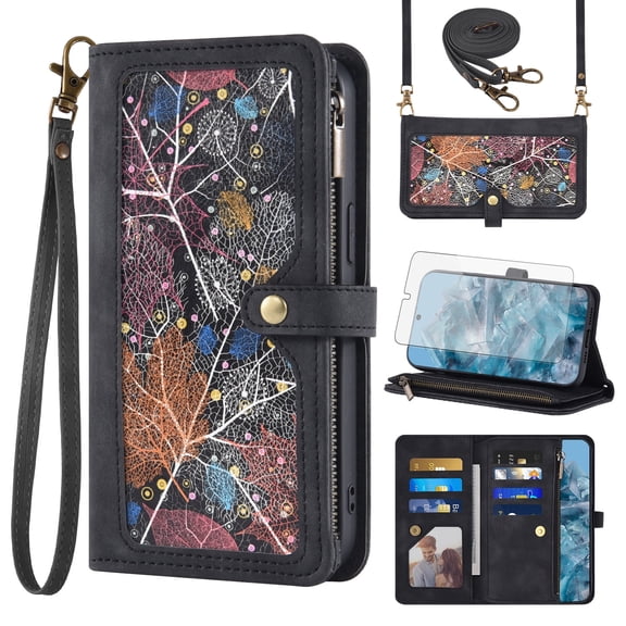 Asuwish Phone Case for Google Pixel 8 Pro 5G Wallet Cover With Tempered Glass Screen Protector Crossbody Wrist Strap Flip Pattern Zipper Credit Card Holder Cell Pixel8Pro Pixel8 XL Eight 8Pro Black