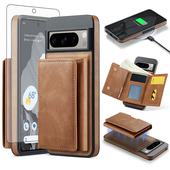 Asuwish Phone Case for Google Pixel 8 Pro 5G Wallet Magnetic Detachable Cell Cover with Wireless Charging and RFID Blocking Credit Card Holder Flip Stand Pixel8Pro Pixel8 XL Eight 8Pr Women Men Brown