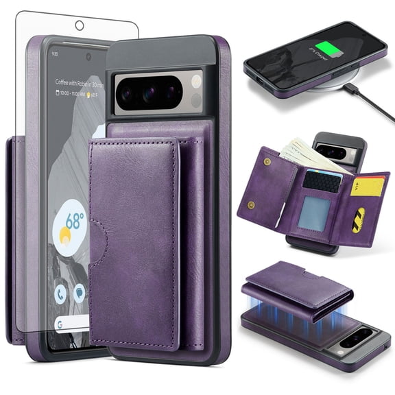 Asuwish Phone Case for Google Pixel 8 Pro 5G Wallet Magnetic Detachable Cell Cover with Wireless Charging and RFID Blocking Credit Card Holder Flip Stand Pixel8Pro Pixel8 XL Eight 8P Women Men Purple