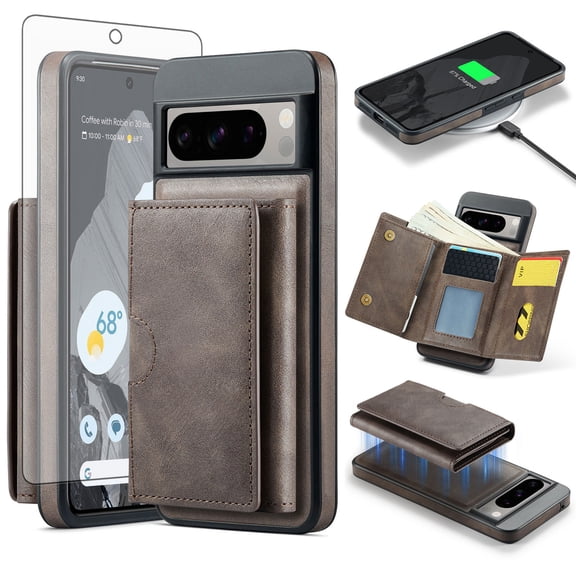 Asuwish Phone Case for Google Pixel 8 Pro 5G Wallet Magnetic Detachable Cell Cover with Wireless Charging and RFID Blocking Credit Card Holder Flip Stand Pixel8Pro Pixel8 XL Eight 8P Women Men Gray