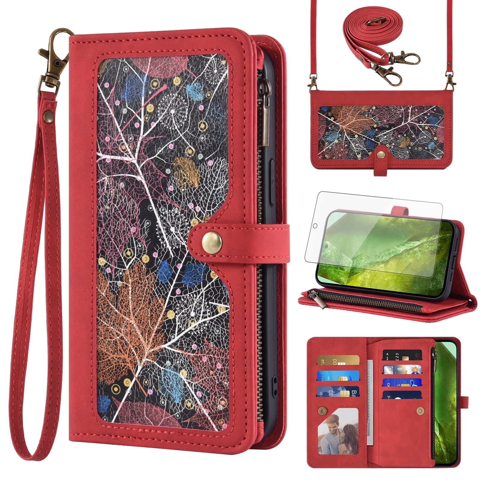 Asuwish Phone Case for Google Pixel 8A Wallet Cover With Tempered Glass Screen Protector Crossbody Wrist Strap Flip Pattern Zipper Credit Card Holder Stand Slot Folio Cell Pixel8A A8 5G Women Men Red