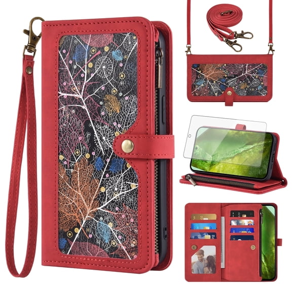 Asuwish Phone Case for Google Pixel 8A Wallet Cover With Tempered Glass Screen Protector Crossbody Wrist Strap Flip Pattern Zipper Credit Card Holder Stand Slot Folio Cell Pixel8A A8 5G Women Men Red