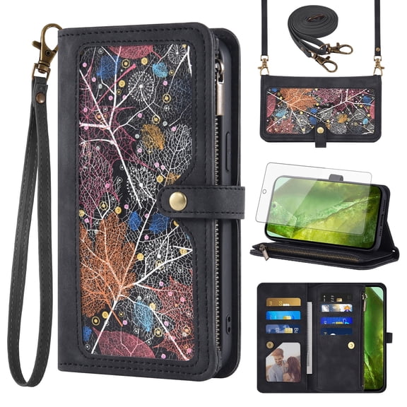 Asuwish Phone Case for Google Pixel 8A Wallet Cover With Tempered Glass Screen Protector Crossbody Wrist Strap Flip Pattern Zipper Credit Card Holder Stand Slot Cell Pixel8A A8 5G Women Men Black
