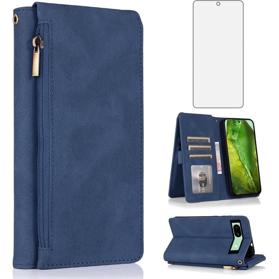 Asuwish Wallet Kickstand Hard Shell Cell Phone Case with Tempered Glass Screen Protector for Google Pixel 8A, Blue