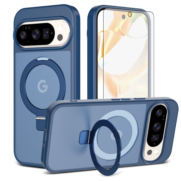 Asuwish Phone Case for Google Pixel 9/10/9 Pro/10 Pro 5G Tempered Glass Screen Protector Magnetic Bracket stand Translucent Shockproof Protective Cell Cover Pixel9 Pixel10 9Pro 10Pro Women Men Blue
