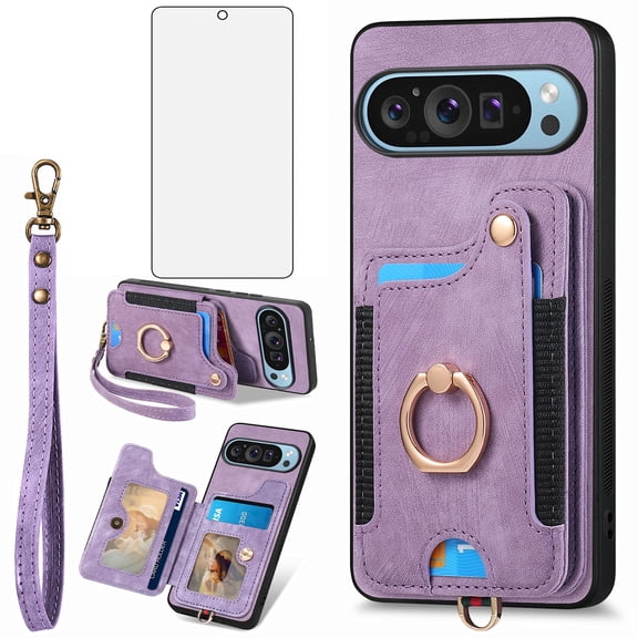 Asuwish Phone Case for Google Pixel 9/9 Pro 5G Wallet Cell Cover with Tempered Glass Screen Protector Slim Lanyard Wrist Strap RFID Ring Stand Credit Card Holder Slot Pixel9 Pro Nine Women Men Purple