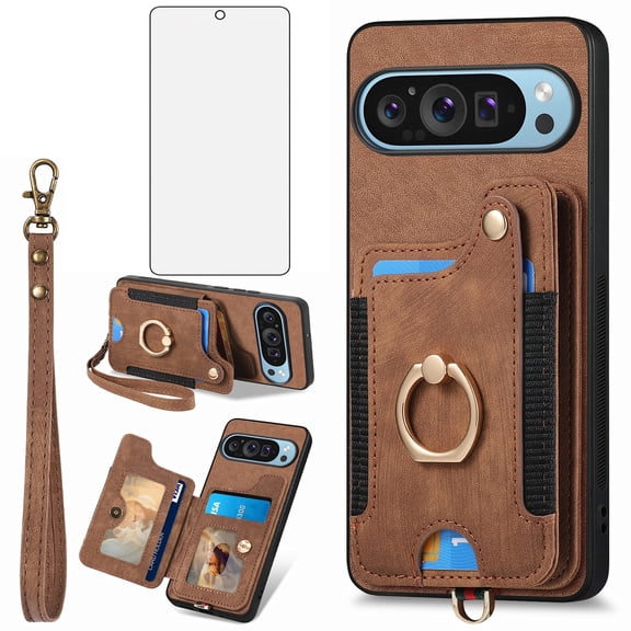 Asuwish Phone Case for Google Pixel 9/9 Pro 5G Wallet Cell Cover with Tempered Glass Screen Protector Slim Lanyard Wrist Strap RFID Ring Stand Credit Card Holder Slot Pixel9 9Pro Nine Women Men Brown