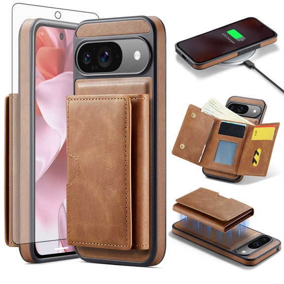 Asuwish Phone Case for Google Pixel 9/9 Pro 5G Wallet Magnetic Detachable Cell Cover with Wireless Charging and RFID Blocking Credit Card Holder Flip Stand Pixel9 9Pro Nine Women Men Brown