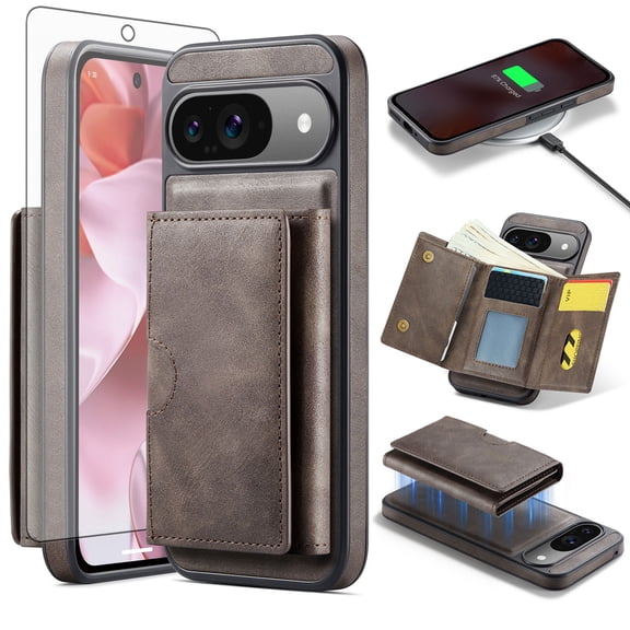 Asuwish Phone Case for Google Pixel 9/9 Pro 5G Wallet Magnetic Detachable Cell Cover with Wireless Charging and RFID Blocking Credit Card Holder Flip Stand Pixel9 9Pro Nine Women Men Gray