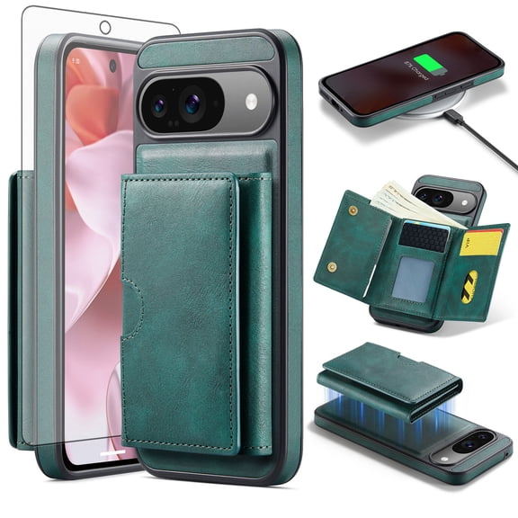 Asuwish Phone Case for Google Pixel 9/9 Pro 5G Wallet Magnetic Detachable Cell Cover with Wireless Charging and RFID Blocking Credit Card Holder Flip Stand Pixel9 9Pro Nine Women Men Green