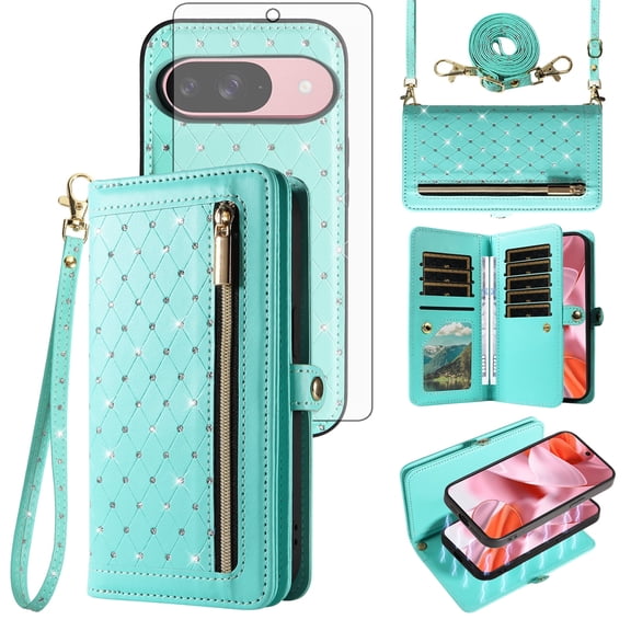 Asuwish Phone Case for Google Pixel 9/9 Pro 5G Zipper Wallet Detachable Cell Cover with Tempered Glass Screen Protector Crossbody Lanyard Strap Bling Glitter Flip Card Holder Slot Pixel9 9Pro Green
