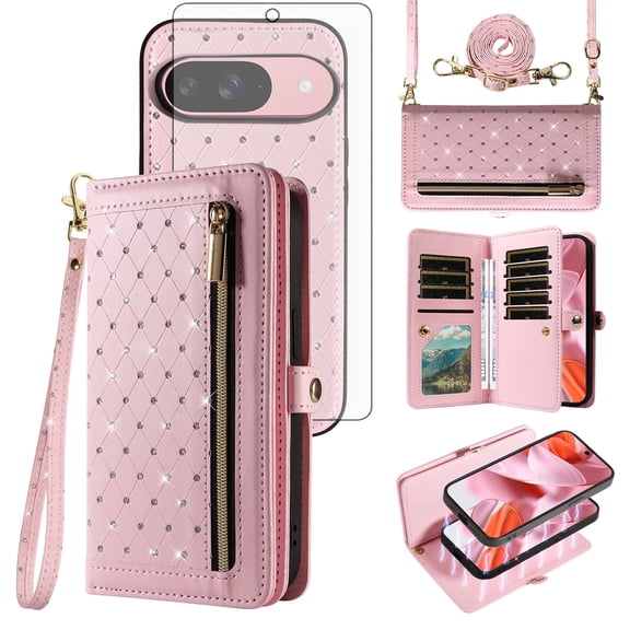 Asuwish Phone Case for Google Pixel 9/9 Pro 5G Zipper Wallet Detachable Cell Cover with Tempered Glass Screen Protector Crossbody Lanyard Strap Bling Glitter Flip Card Holder Slot Pixel9 9Pro Pink