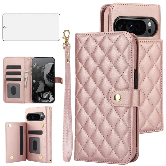 Asuwish Phone Case for Google Pixel 9 Pro 5G Wallet Credit Mobile Cell Cover with Tempered Glass Screen Protector Lanyard Wrist Strap Flip Card Holder Slot Stand Pixel9Pro Nine Women Girls RoseGold