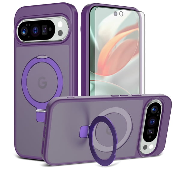 Asuwish Phone Case for Google Pixel 9 Pro XL/10 Pro XL Tempered Glass Screen Protector Magnetic Bracket stand Translucent Shockproof Protective Cell Cover Pixel9ProXL Pixel10PXL Women Men Deep purple