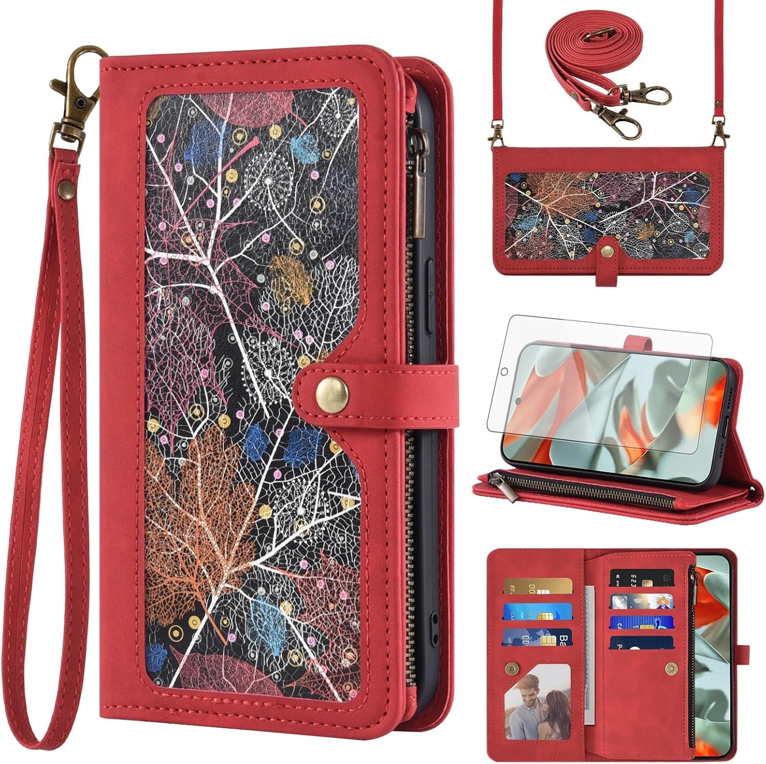 Asuwish Phone Case for Google Pixel 9 Pro XL Wallet Cover With Tempered Glass Screen Protector Crossbody Wrist Strap Flip Pattern Zipper Credit Card Holder Cell Pixel9 9Pro 9ProXL Nine Women Men Red