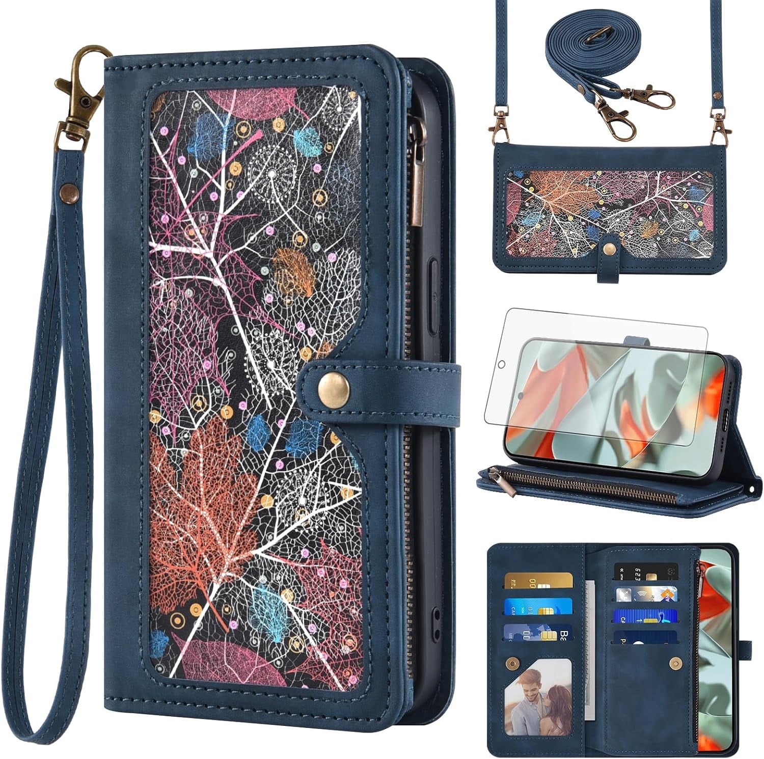 Asuwish Phone Case for Google Pixel 9 Pro XL Wallet Cover With Tempered Glass Screen Protector Crossbody Wrist Strap Flip Pattern Zipper Credit Card Holder Cell Pixel9 9Pro 9ProXL Nine Women Men Blue
