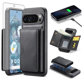 Asuwish Phone Case for Google Pixel 9 Pro XL Wallet Magnetic Detachable Cell Cover with Wireless Charging and RFID Blocking Credit Card Holder Flip Stand Pixel9 9Pro 9ProXL Nine Women Men Black